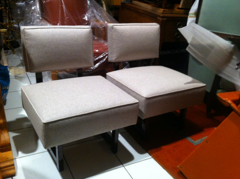 French André Sornay, Modernist Pair of Chairs, Armless, Newly Covered in Neutral Beige For Sale