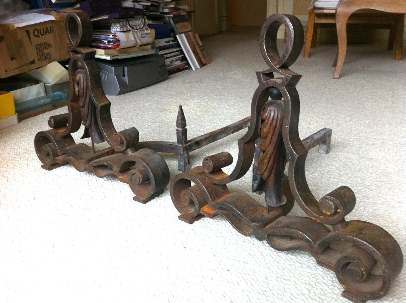 Gilbert Poillerat Awesome Iron Work of Art Pair of Andirons For Sale