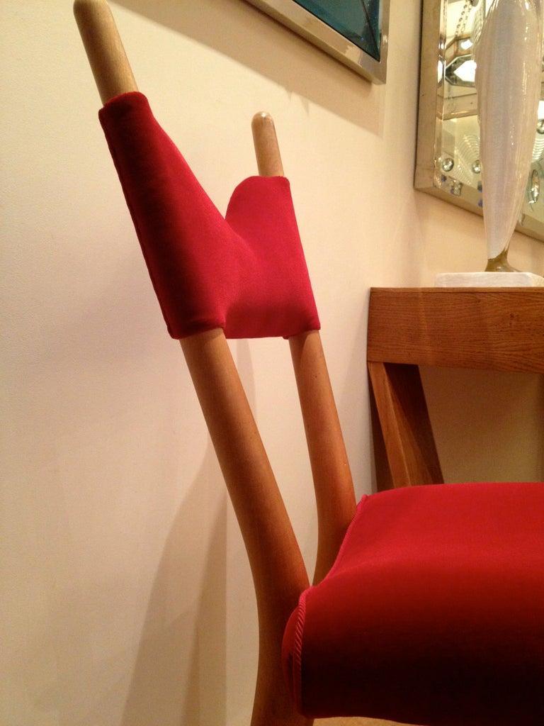 Jean Royere Pair of Documented Chairs Covered in Red Velvet For Sale 1