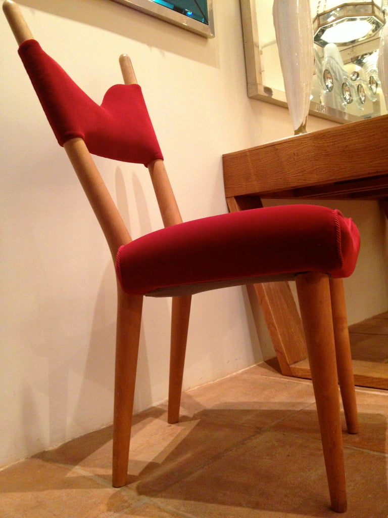 Jean Royere Pair of Documented Chairs Covered in Red Velvet For Sale 3