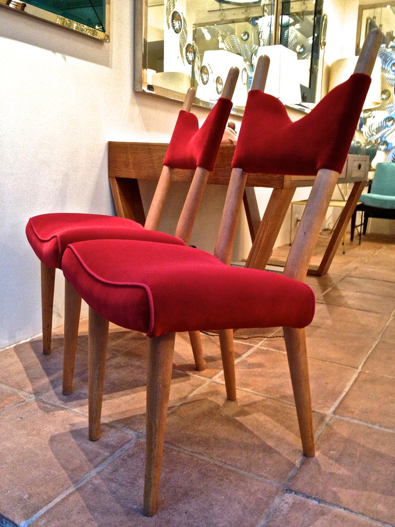 Jean Royere Pair of Documented Chairs Covered in Red Velvet For Sale 4