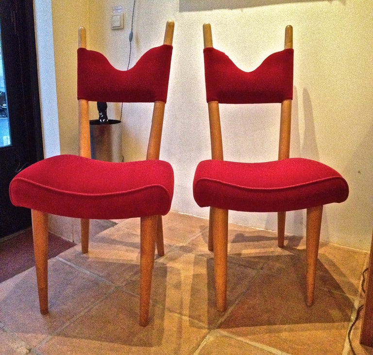 Mid-Century Modern Jean Royere Pair of Documented Chairs Covered in Red Velvet For Sale