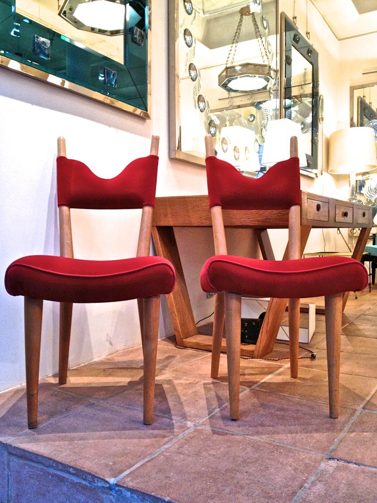 French Jean Royere Pair of Documented Chairs Covered in Red Velvet For Sale