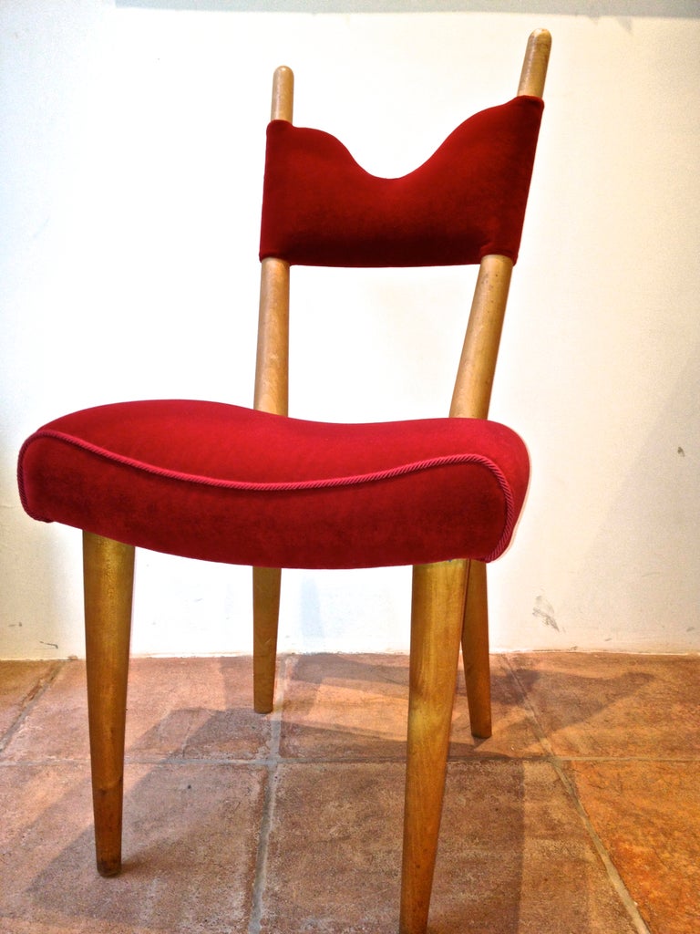 Jean Royere Pair of Documented Chairs Covered in Red Velvet In Excellent Condition For Sale In Paris, ile de france