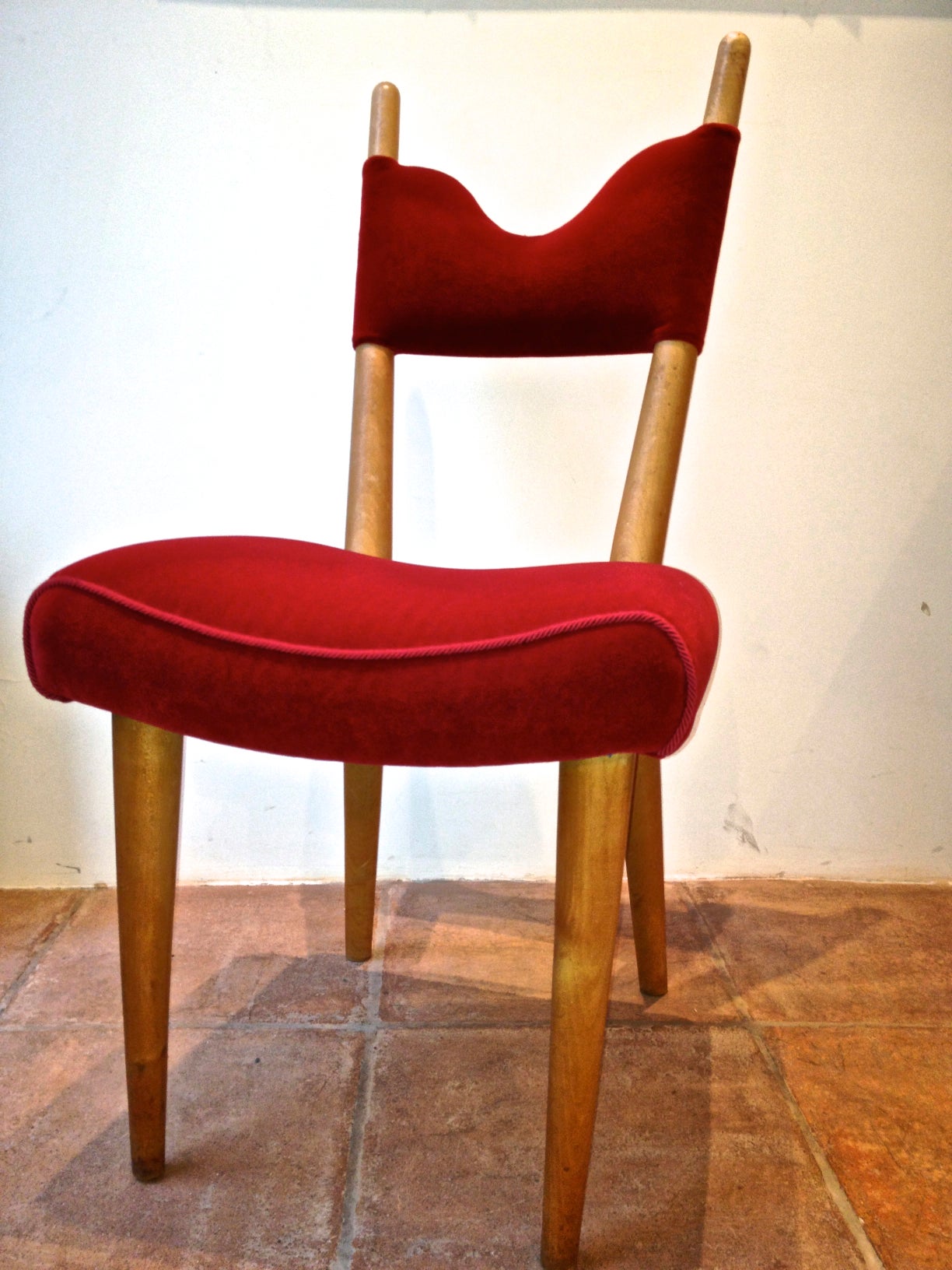 Jean Royere Pair of Documented Chairs Covered in Red Velvet For Sale