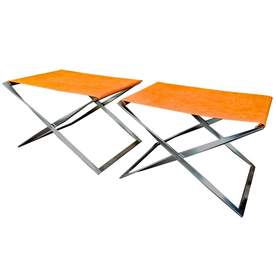 Poul Kjaerholm Vintage Iconic Pair of X-Shaped Folding Stools Model PK91 For Sale