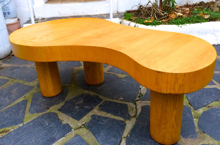 Mid-Century Modern Jean Royère Documented Rare Blond Tri-Legged Oak Model Flaque Coffee Table