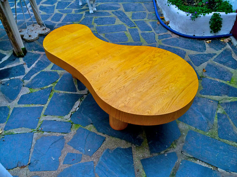 French Jean Royère Documented Rare Blond Tri-Legged Oak Model Flaque Coffee Table