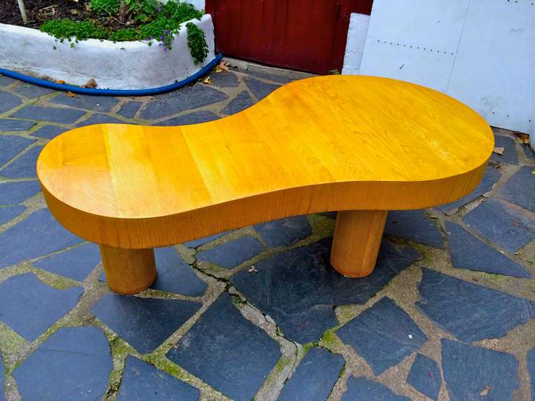 Jean Royère Documented Rare Blond Tri-Legged Oak Model Flaque Coffee Table 2