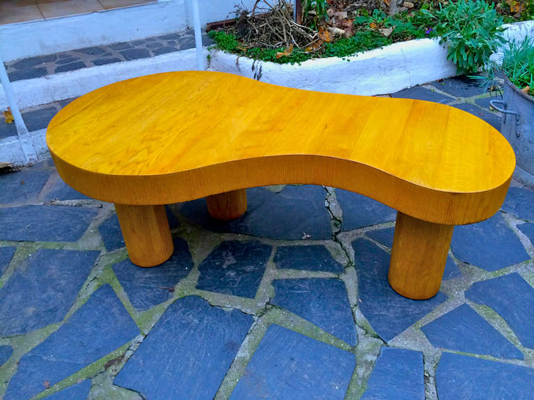 Jean Royère Documented Rare Blond Tri-Legged Oak Model Flaque Coffee Table 1