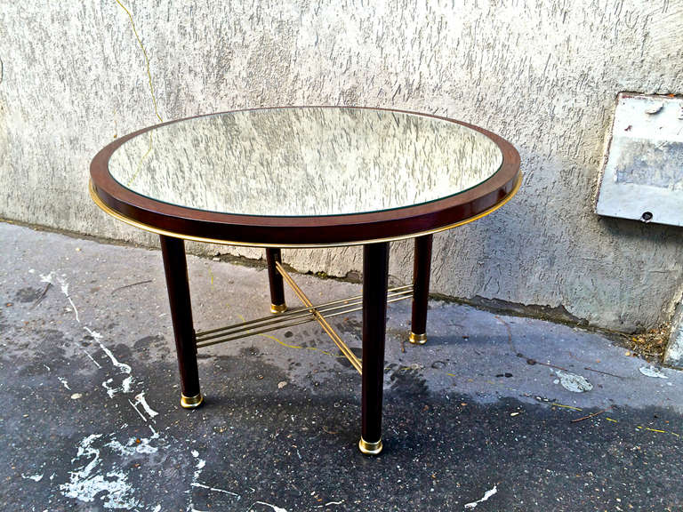 Jacques Adnet 1940's Coffee Table In Rosewood Gold Bronze And Mirror Top 3