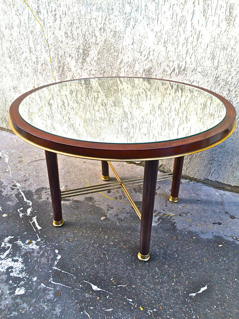 Jacques Adnet 1940's coffee table in rosewood gold bronze and mirror top