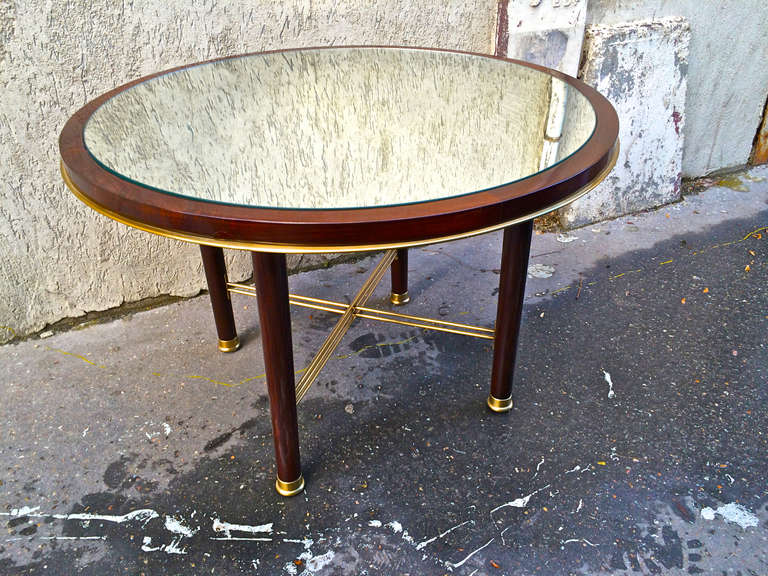 Jacques Adnet 1940's Coffee Table In Rosewood Gold Bronze And Mirror Top 1