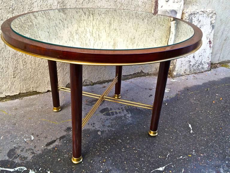 Jacques Adnet 1940's Coffee Table In Rosewood Gold Bronze And Mirror Top 2