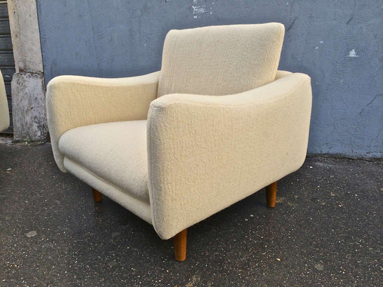 J.A Motte for Steiner rare pair of 1950s lounge chairs newly reupholstered in alpaca wool ecru material.