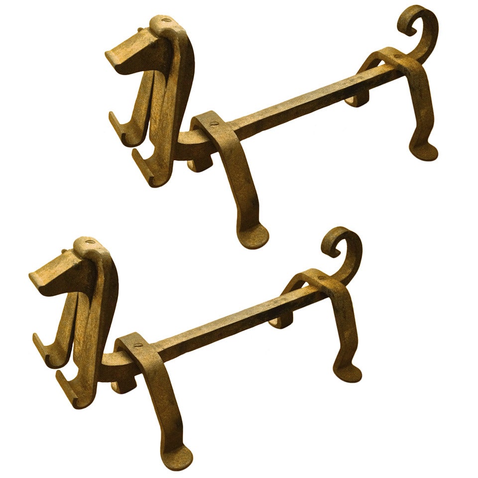 Edouard Schenk Awesome Modernist Cubist "Dachshund" Wrought Iron Andirons For Sale