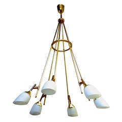 Stilnovo Awesome Rare 6 Light Long Chandelier In Gold Brass And Opaline Organic Shade