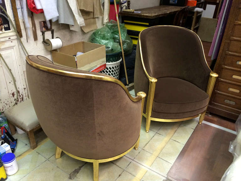 Andre Groult Very Large Pair Of Corbeille Chairs and Brown Velvet Reupholstered 2