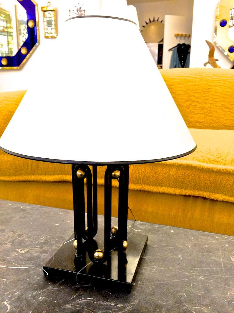 Jean Royere genuine Documented model ondulation lamp in wrought iron and gold bronze  and black marble base