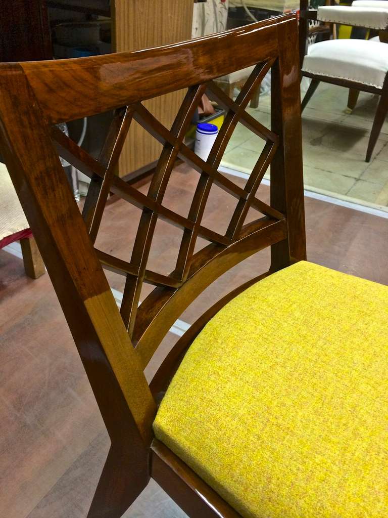 Mid-Century Modern Jean Royere Genuine Documented Set Of 4 Model Croisillon Game Chairs Fully Restored In Kvadrat Yellow For Sale