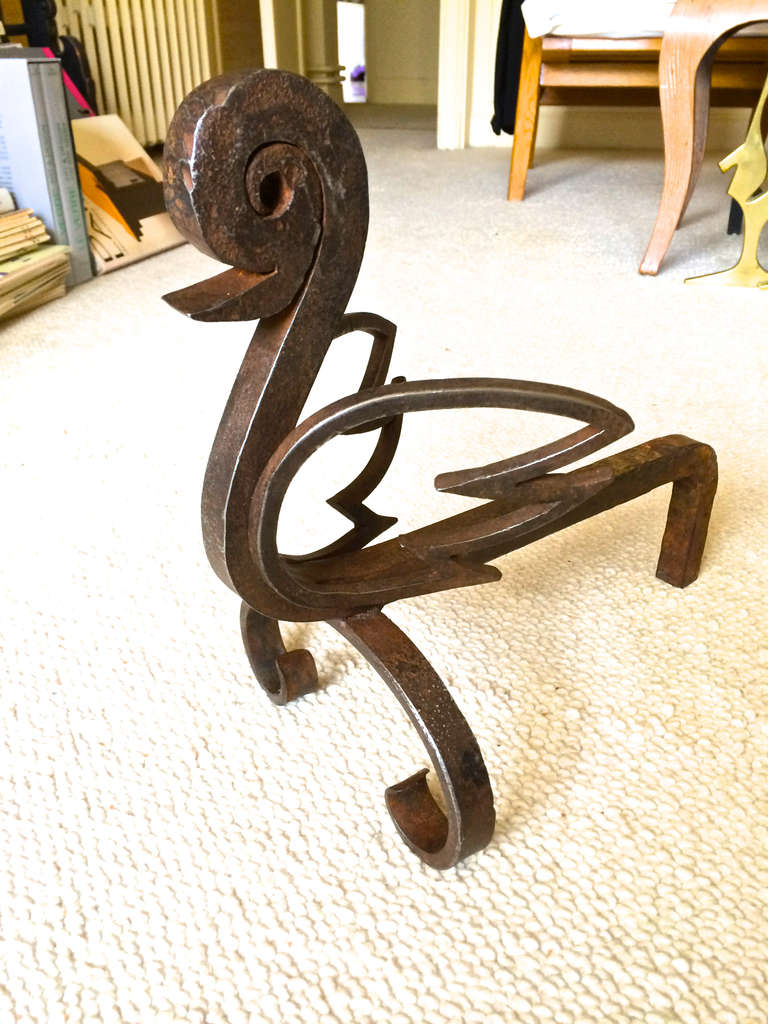 Unique Pair of French Bird Andirons in Wrought Iron For Sale 5