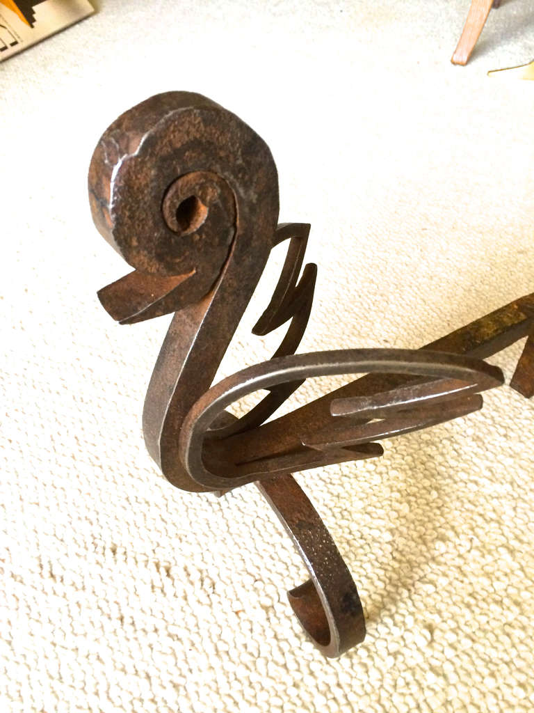 Mid-Century Modern Unique Pair of French Bird Andirons in Wrought Iron For Sale