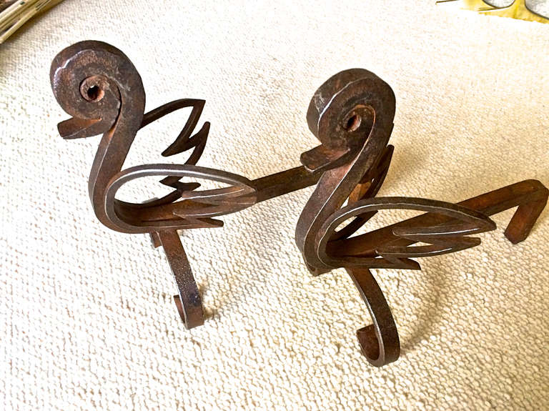 Bird French awesome unique pair of andirons in wrought iron.