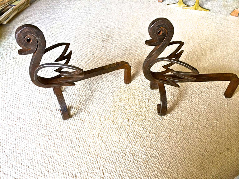 Unique Pair of French Bird Andirons in Wrought Iron For Sale 2