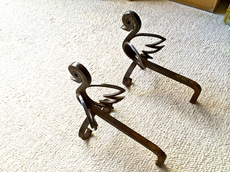 Unique Pair of French Bird Andirons in Wrought Iron For Sale 3