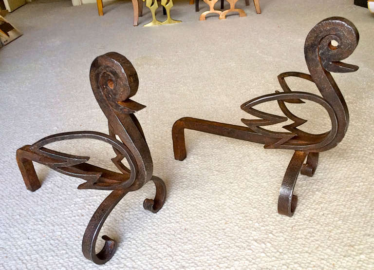 Unique Pair of French Bird Andirons in Wrought Iron For Sale 1