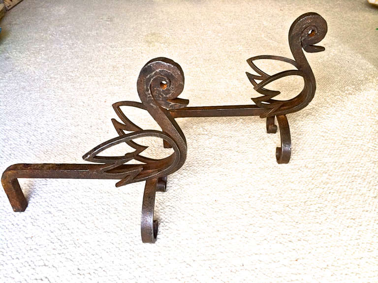 20th Century Unique Pair of French Bird Andirons in Wrought Iron For Sale