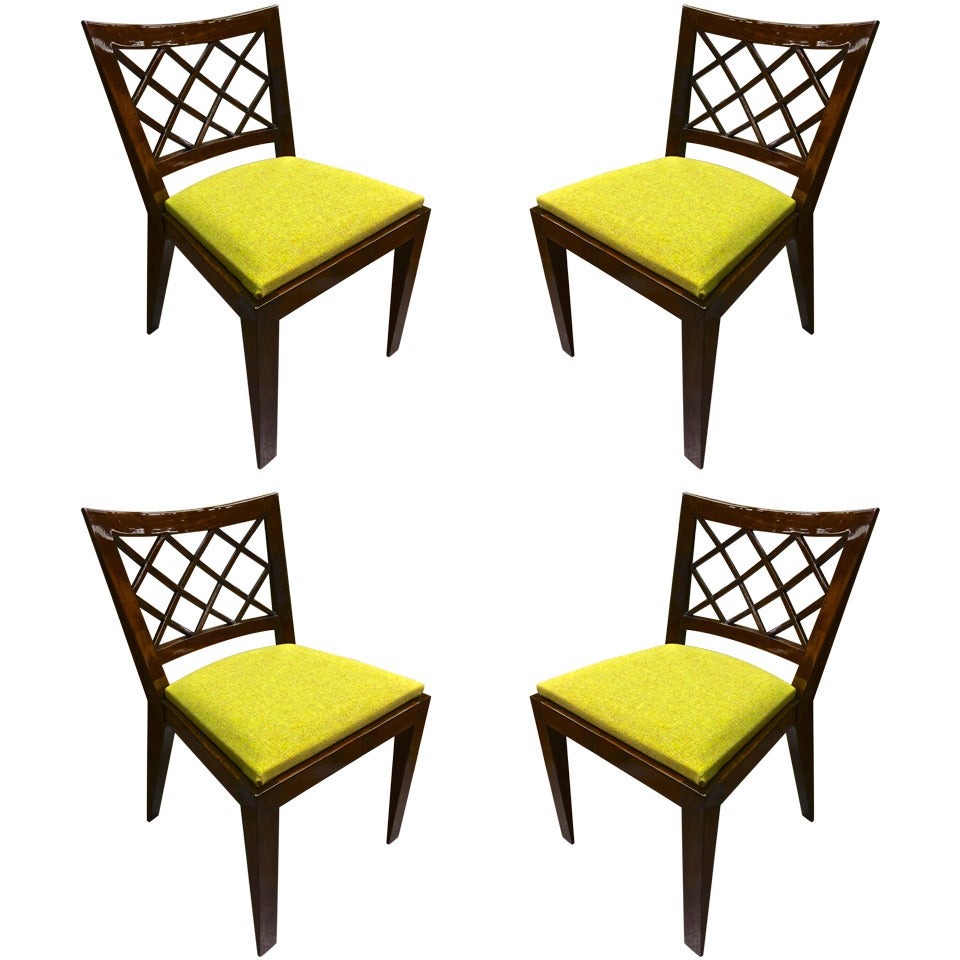 Jean Royere Genuine Documented Set Of 4 Model Croisillon Game Chairs Fully Restored In Kvadrat Yellow For Sale