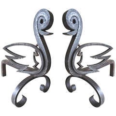 Unique Pair of French Bird Andirons in Wrought Iron