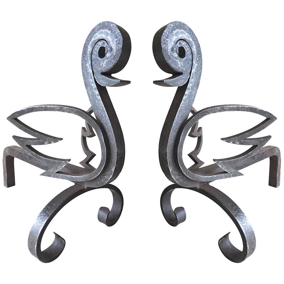 Unique Pair of French Bird Andirons in Wrought Iron For Sale