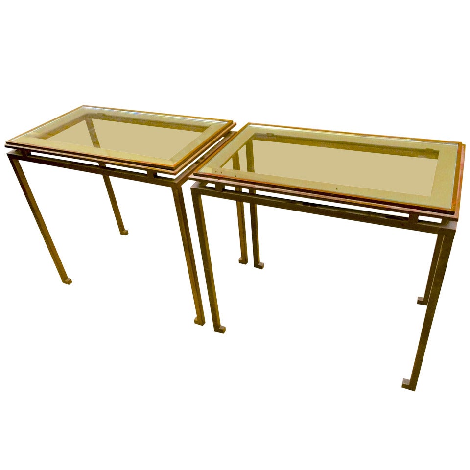 Maison Ramsay Pair of Side Tables in Gilded Wrought Iron with Mirrored Top For Sale
