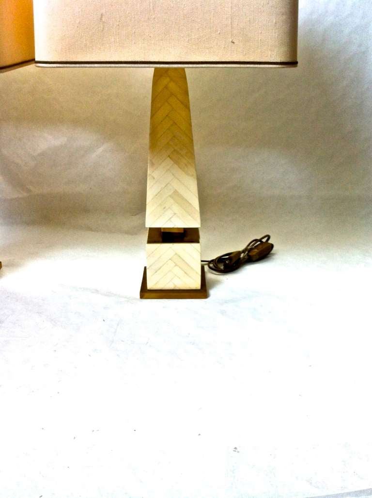French Awesome Superb Pair of Ivory like Marquetry Obelisk Lamps with Gold Bronze Base For Sale