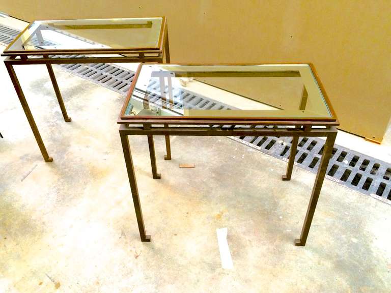 French Maison Ramsay Pair of Side Tables in Gilded Wrought Iron with Mirrored Top For Sale