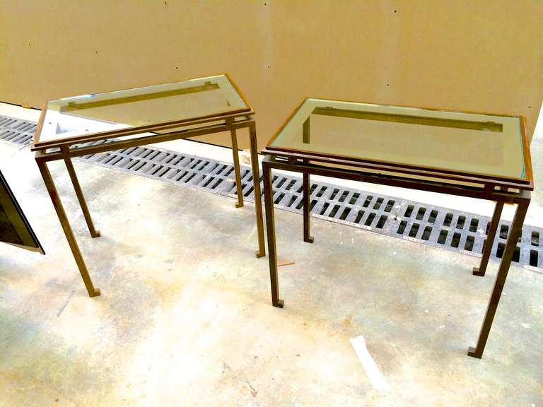 Maison Ramsay superb pair of side tables in sold gilded wrought iron with frame mirrored top.