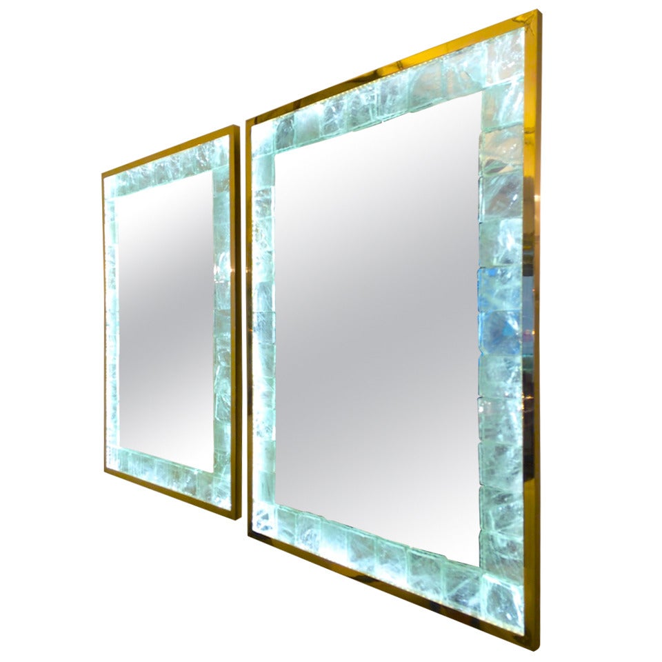 André Hayat Pair of Lighted Etched Rock Crystal Mirrors with Gold Bronze