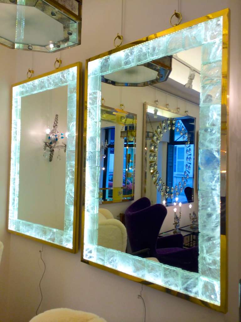French André Hayat Pair of Lighted Etched Rock Crystal Mirrors with Gold Bronze