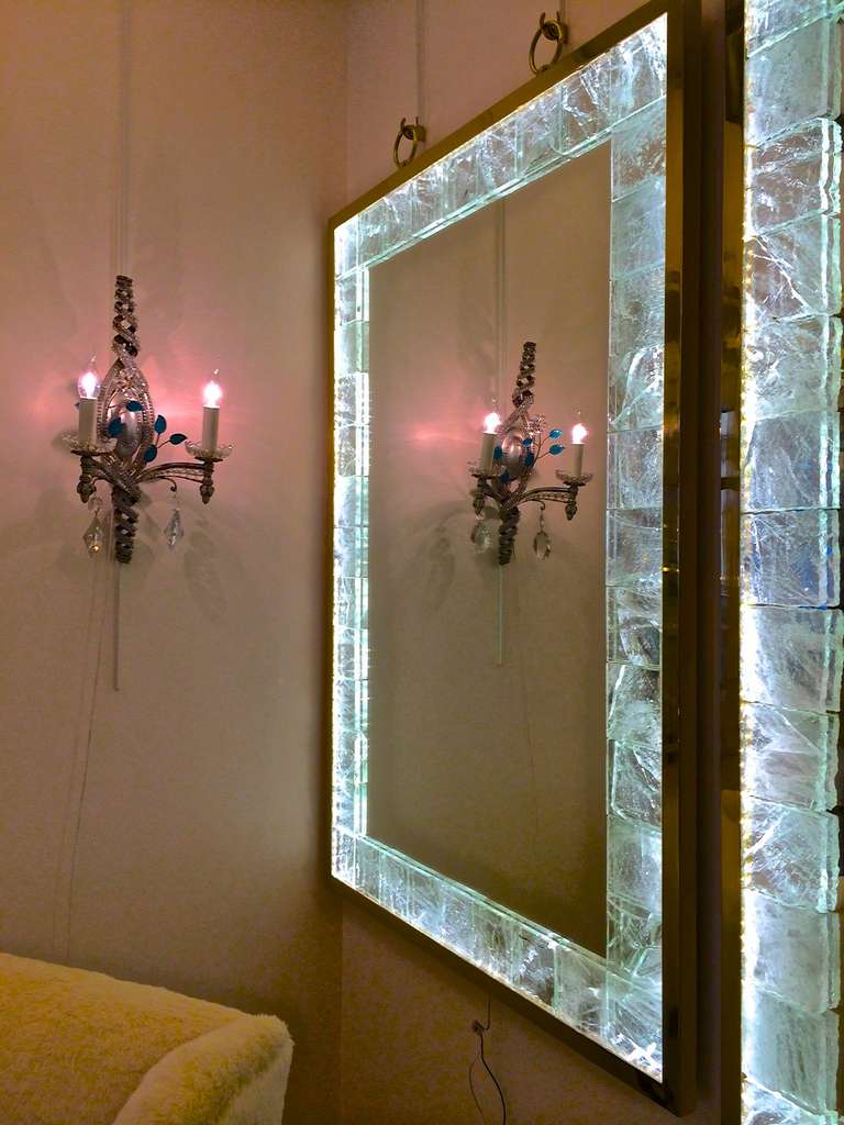 André Hayat Pair of Lighted Etched Rock Crystal Mirrors with Gold Bronze 3
