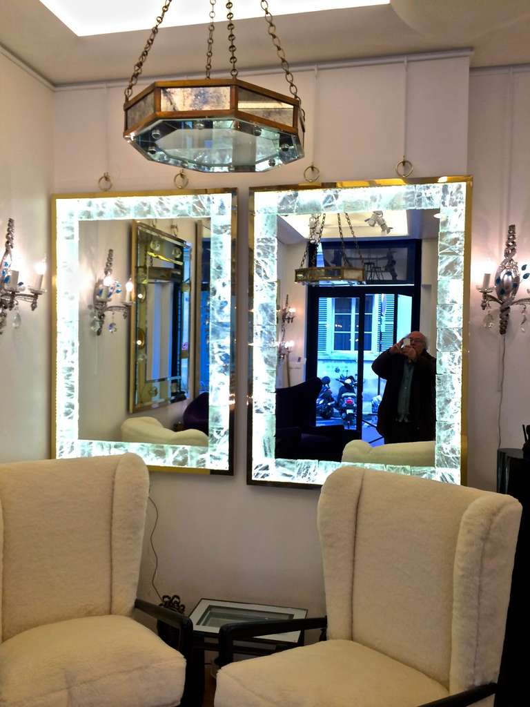 André Hayat Pair of Lighted Etched Rock Crystal Mirrors with Gold Bronze 4