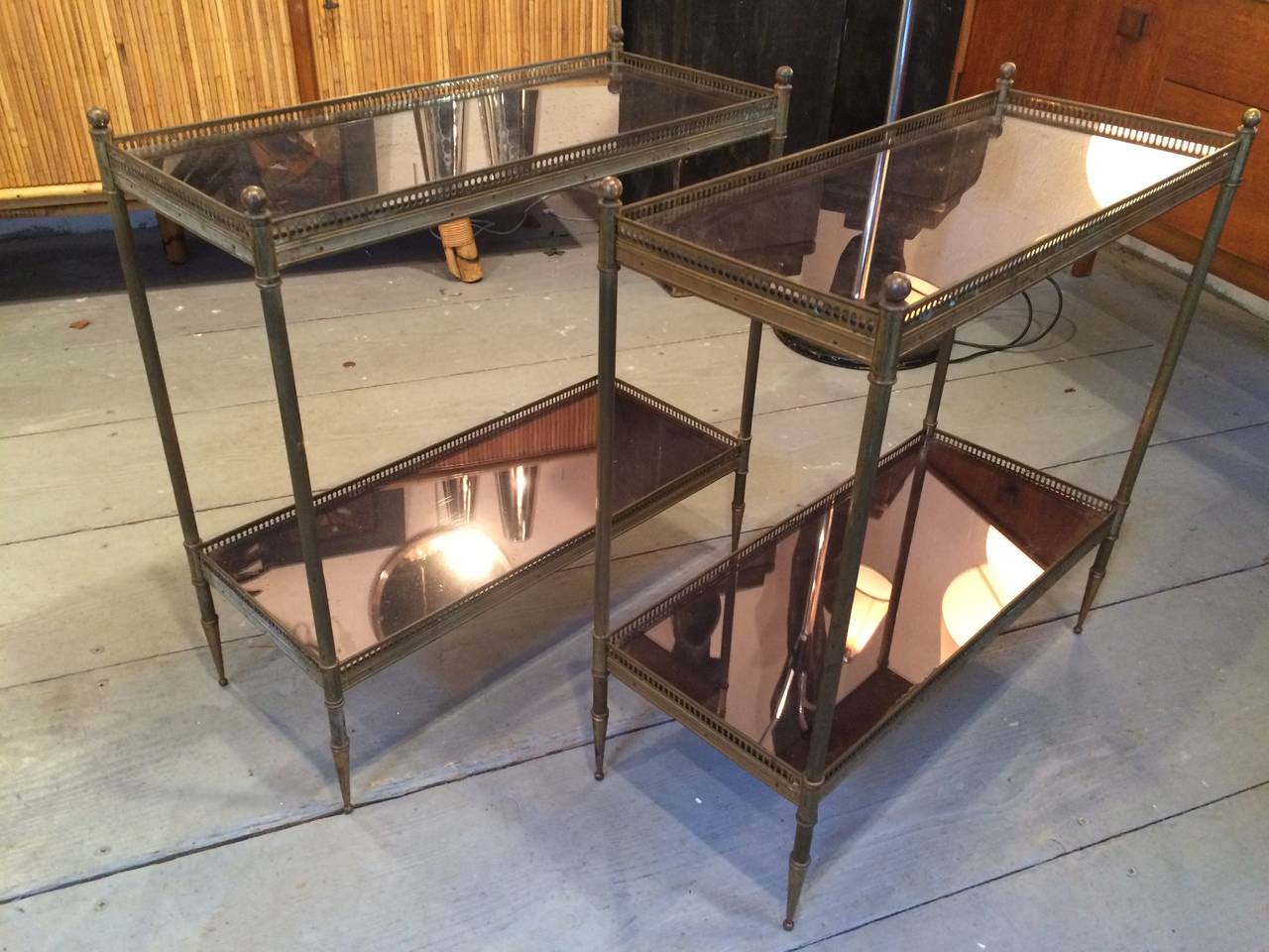 Brass Maison Jansen 1940s Refined Pair of Two-Tier Side Tables with Mirrored Top For Sale