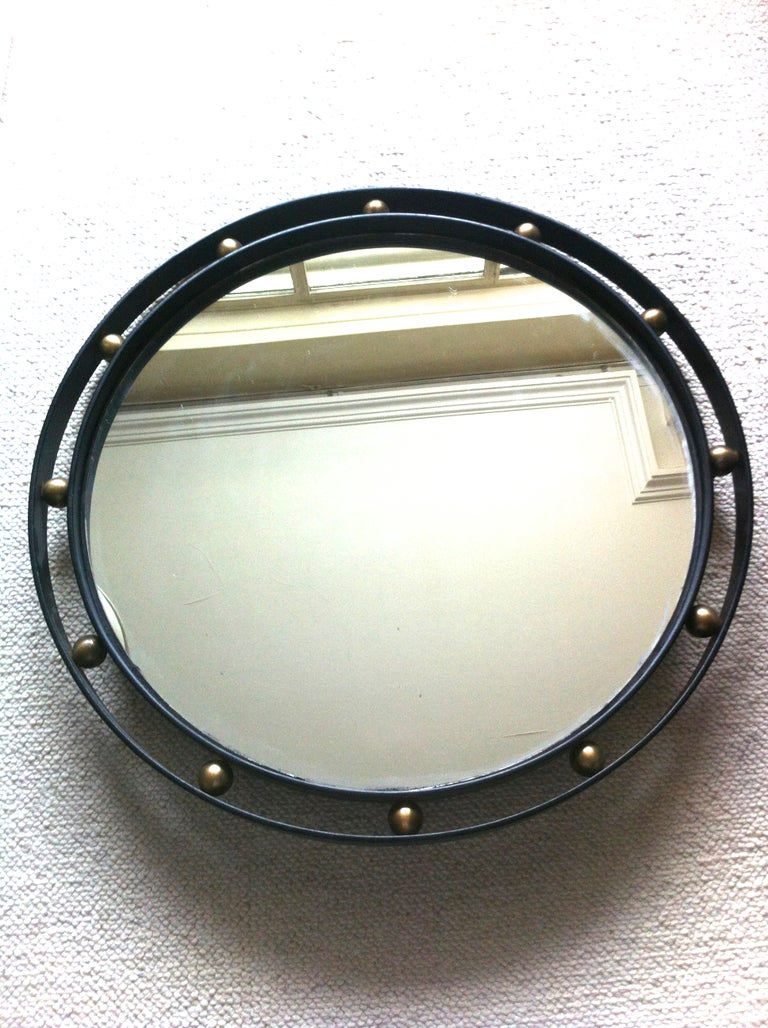 Jean Royère rare and documented wrought iron and brass mirror in vintage condition model boule.