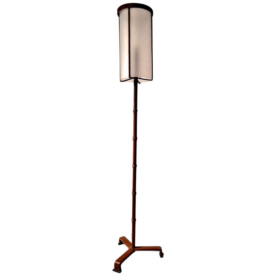 Jacques Adnet Rarest Brown Hand-Stitched Leather Tripod Standing Lamp For Sale