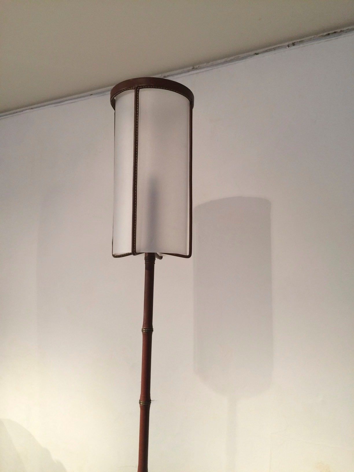Mid-Century Modern Jacques Adnet Rarest Brown Hand-Stitched Leather Tripod Standing Lamp For Sale