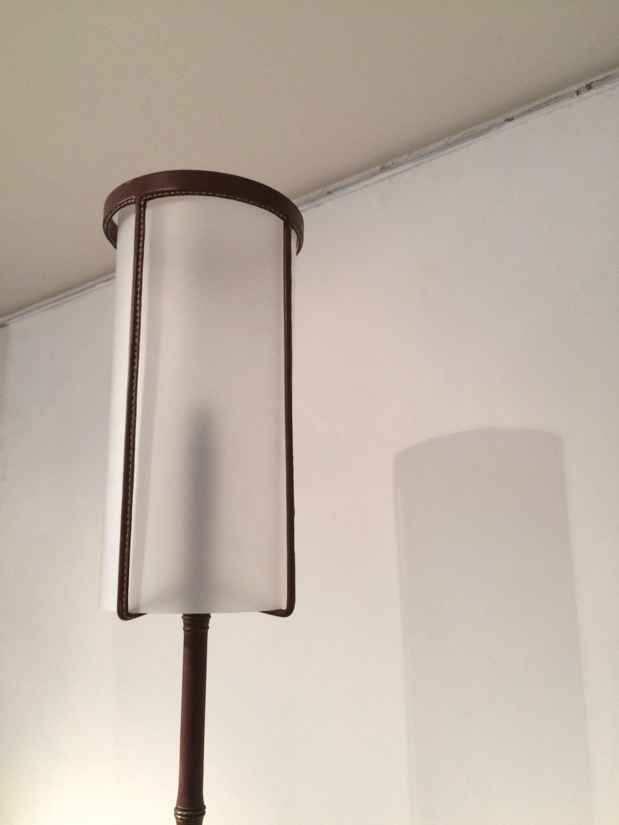 Mid-20th Century Jacques Adnet Rarest Brown Hand-Stitched Leather Tripod Standing Lamp For Sale