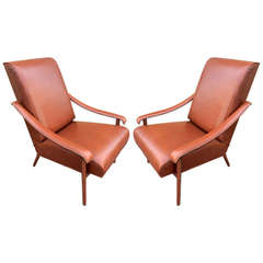 Jacques Adnet Pair of Genuine Brown Hand-Stitched Leather Lounge Chairs