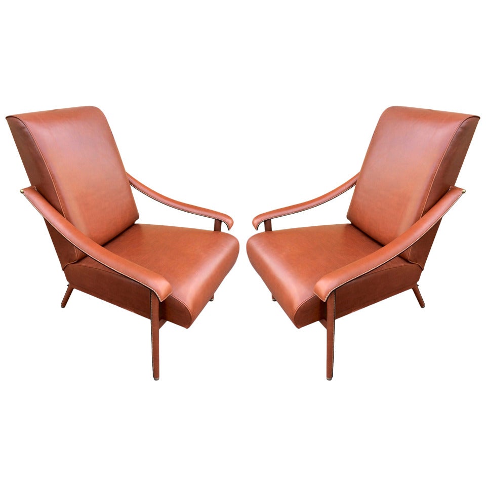 Jacques Adnet Pair of Genuine Brown Hand-Stitched Leather Lounge Chairs