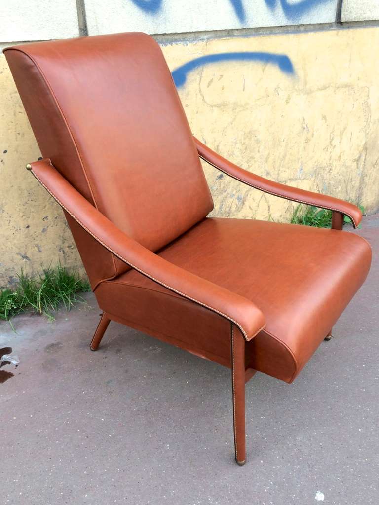 Jacques adnet pair of genuine brown hand stitched leather lounge chairs
